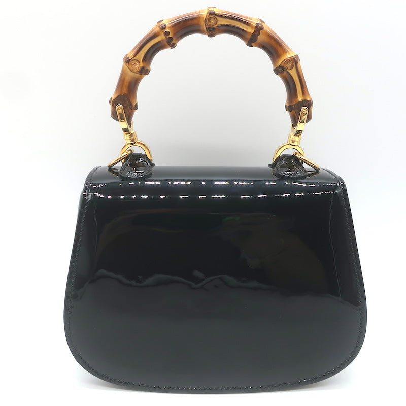 Gucci Mini 1947 Bamboo Handle Crystal GG Chain Strap Bag Black Patent NEW