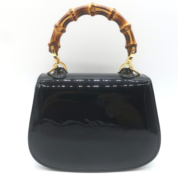 Gucci Mini 1947 Bamboo Handle Crystal GG Chain Strap Bag Black Patent NEW