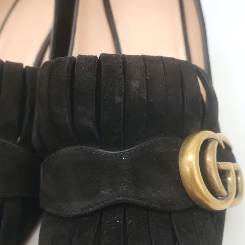 Gucci GG Marmont Fringed Loafer Pumps Black Suede Size 36.5
