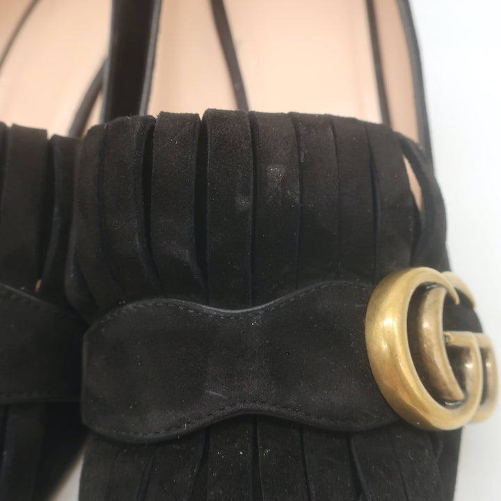 Gucci GG Marmont Fringed Loafer Pumps Black Suede Size 36.5