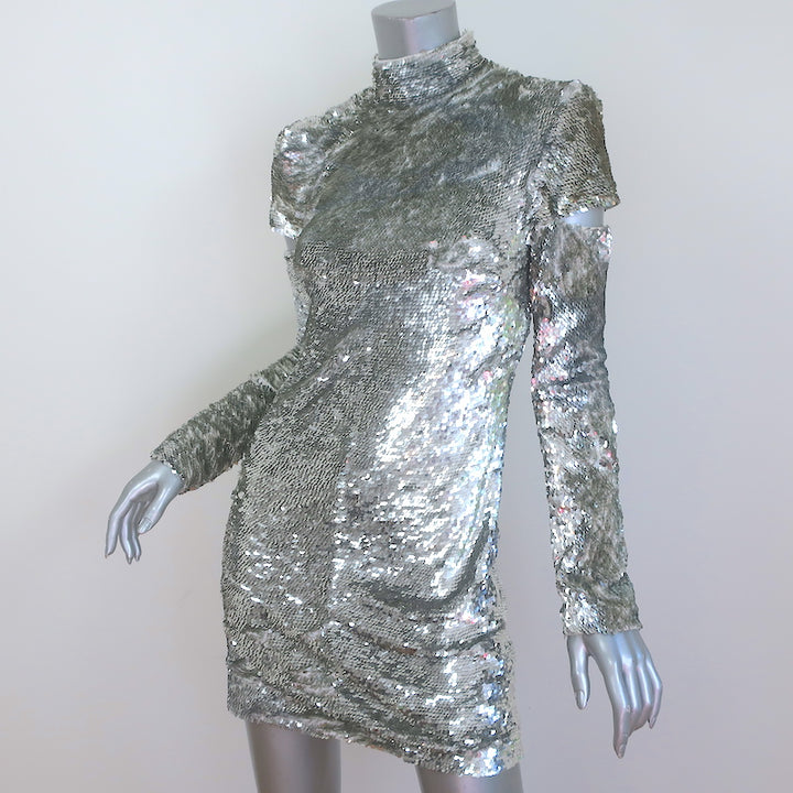 Helmut Lang Disco Sequin Mini Dress Silver Size Small Cutout Sleeve Mock Neck