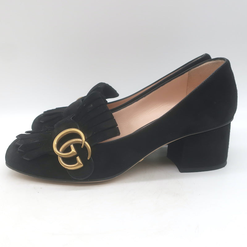 Gucci GG Marmont Fringed Loafer Pumps Black Suede Size 36.5