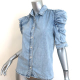 FRAME Ruched Puff Sleeve Denim Shirt Cresthaven Blue Size Small Button-Up Top