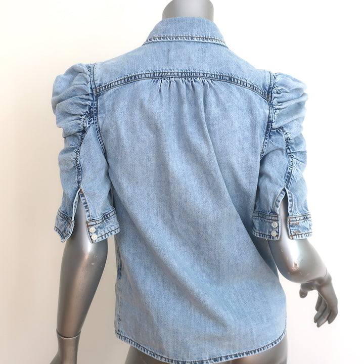 FRAME Ruched Puff Sleeve Denim Shirt Cresthaven Blue Size Small Button-Up Top