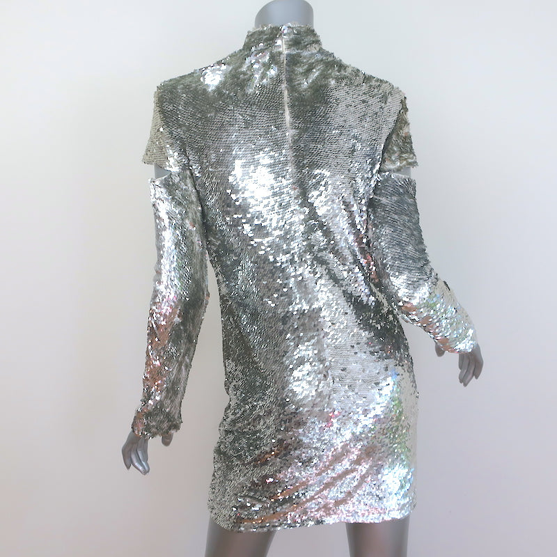 at the disco sequin mini dress - silver Embellished Fringe Trim Long Sleeve Sequin Mock Neck, At The Disco Mini Dress in Silver, Size XL, For Bachelorette Or Birthday