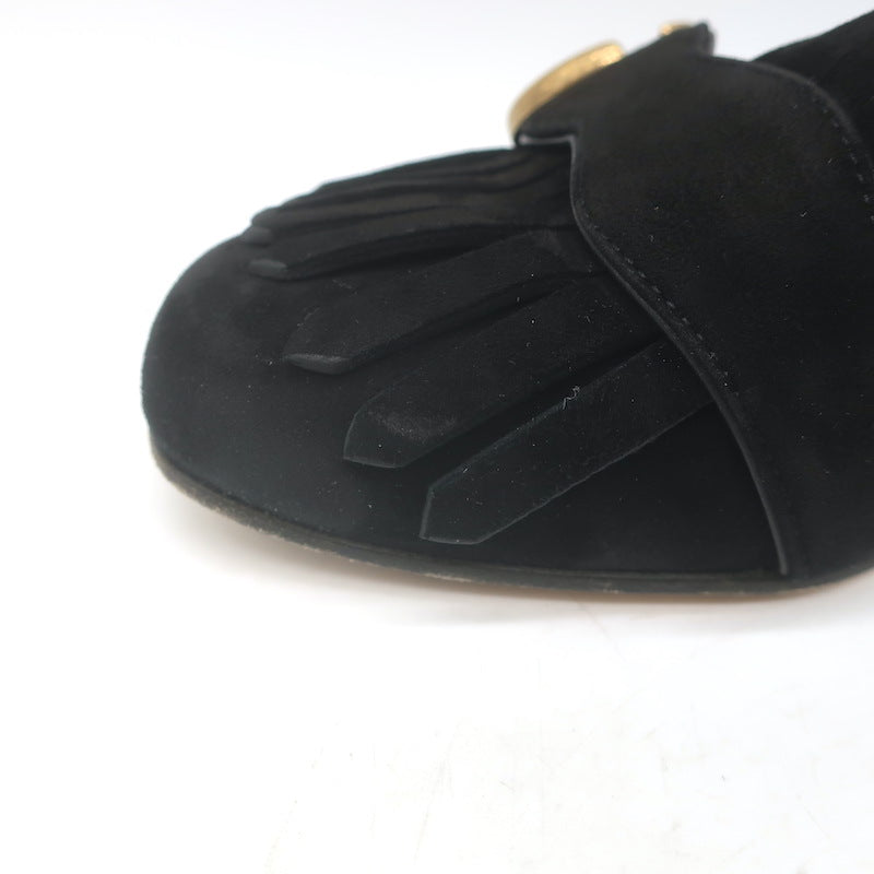 Gucci GG Marmont Fringed Loafer Pumps Black Suede Size 36.5