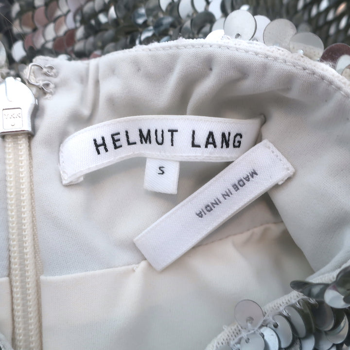 Helmut Lang Disco Sequin Mini Dress Silver Size Small Cutout Sleeve Mock Neck