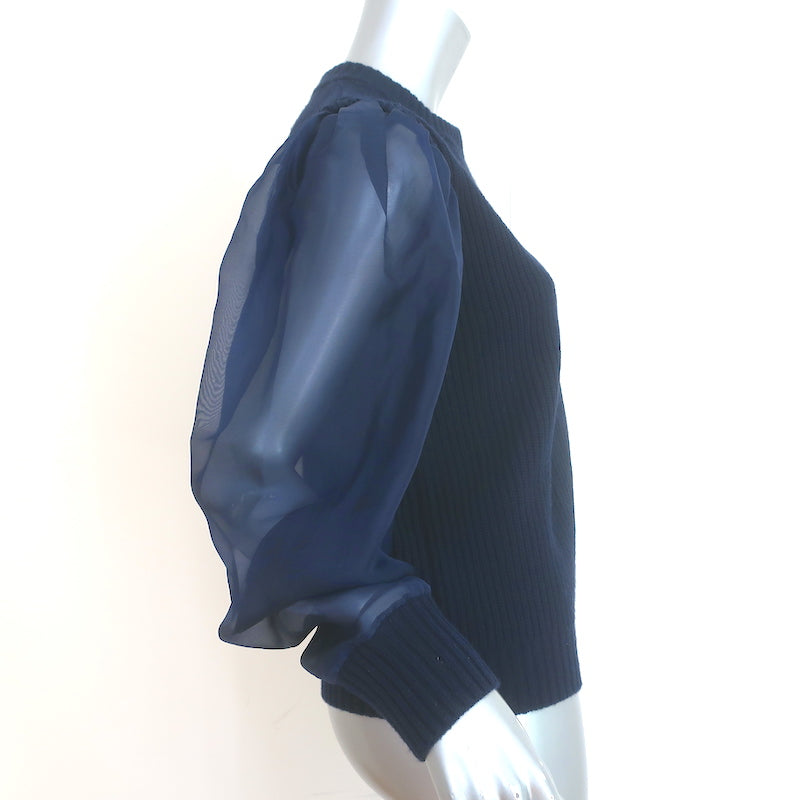 SEA James Organza Sleeve Sweater Navy Silk &amp; Ribbed Wool Size Medium
