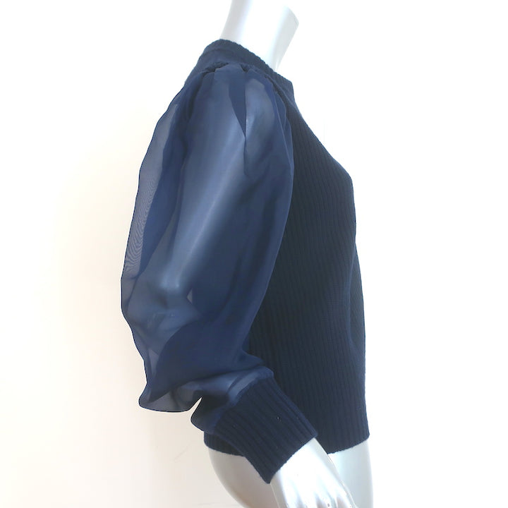 SEA James Organza Sleeve Sweater Navy Silk &amp; Ribbed Wool Size Medium