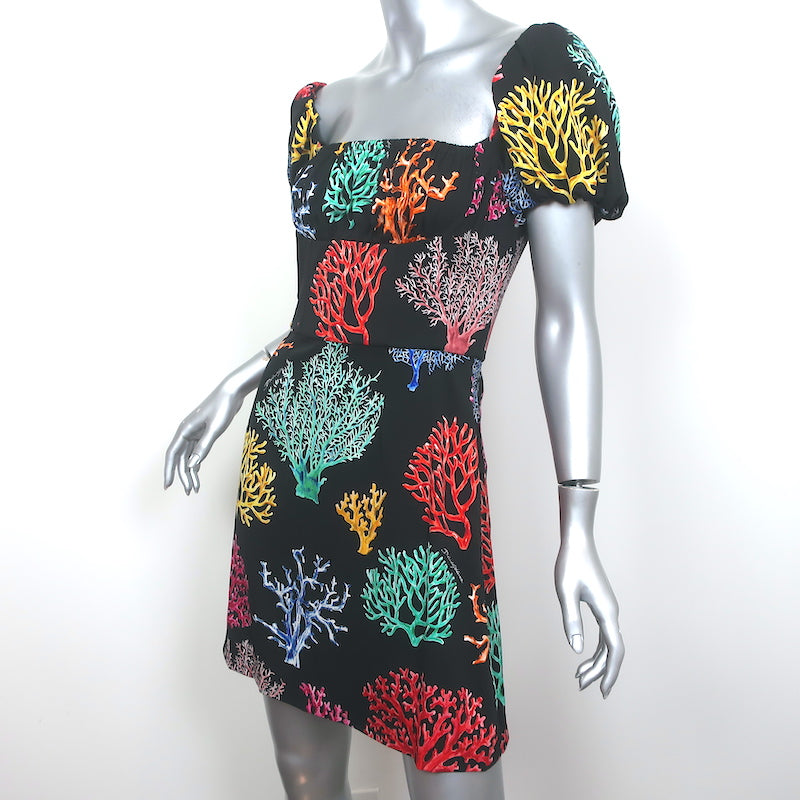 Dolce &amp; Gabbana Puff Sleeve Mini Dress Black Coral Print Stretch Silk Size 40