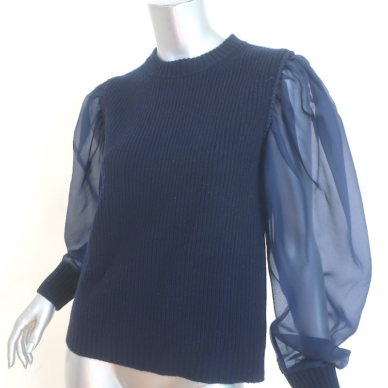 SEA James Organza Sleeve Sweater Navy Silk &amp; Ribbed Wool Size Medium