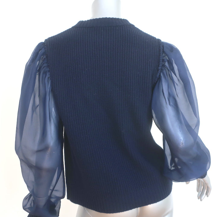 SEA James Organza Sleeve Sweater Navy Silk &amp; Ribbed Wool Size Medium