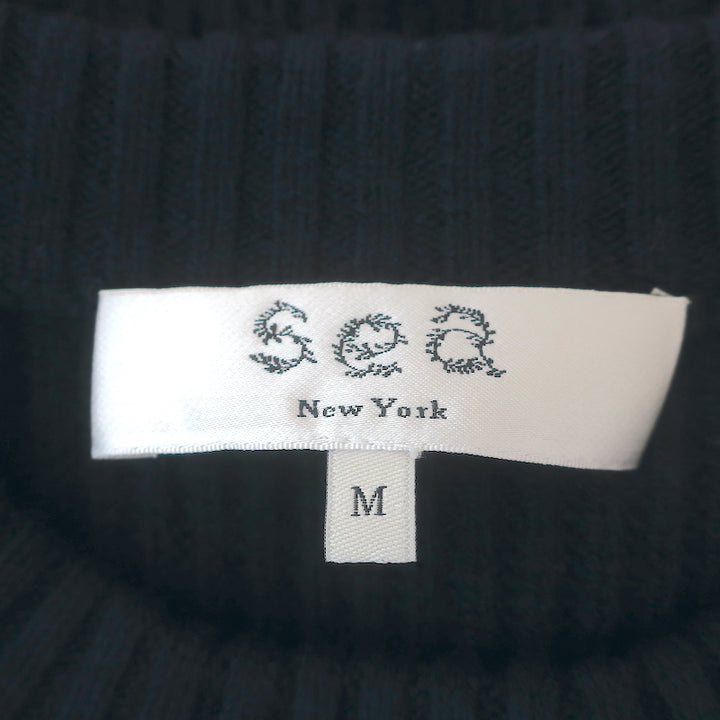 SEA James Organza Sleeve Sweater Navy Silk &amp; Ribbed Wool Size Medium
