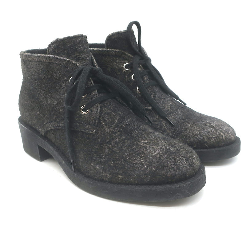 Chanel 16A CC Lace-Up Chukka Boots Dark Grey Textured Suede Size 38 US 7