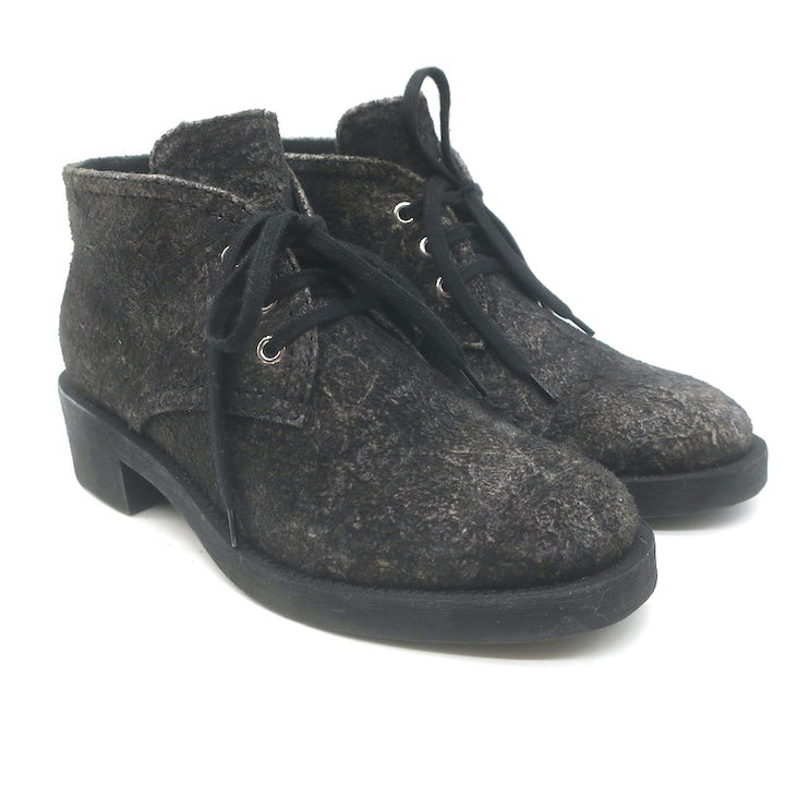 Chanel 16A CC Lace-Up Chukka Boots Dark Grey Textured Suede Size 38 US 7
