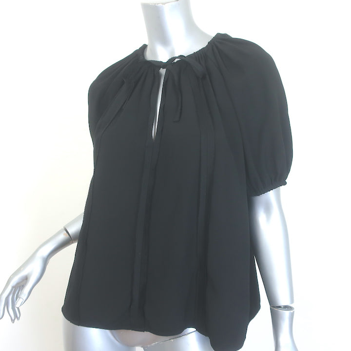 Ulla Johnson Marcelena Tie-Neck Top Black Crepe Size 4 Puff Sleeve Blouse
