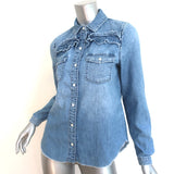 FRAME Denim Ruffle Yoke Shirt Kent Blue Cotton Size Small Long Sleeve Top