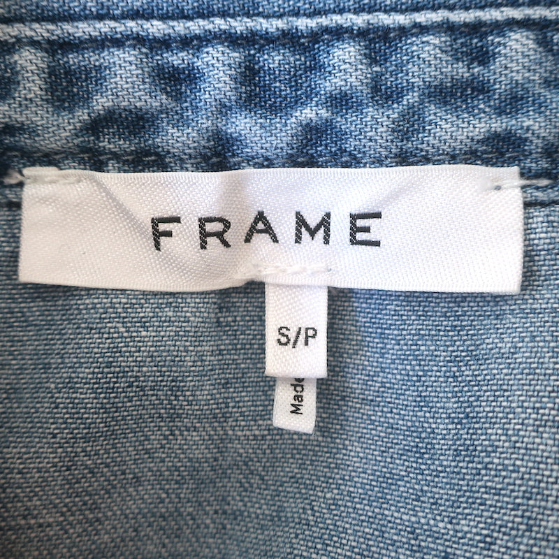FRAME Denim Ruffle Yoke Shirt Kent Blue Cotton Size Small Long Sleeve Top