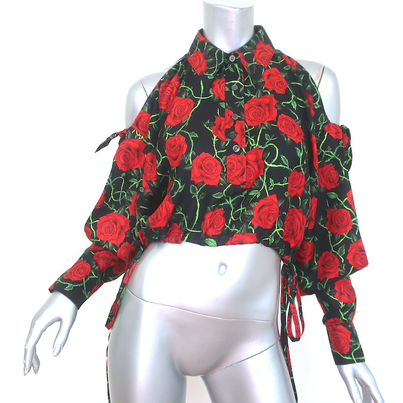 Alexander Wang Cold Shoulder Shirt Rose Print Silk Size Small Long Sleeve Top