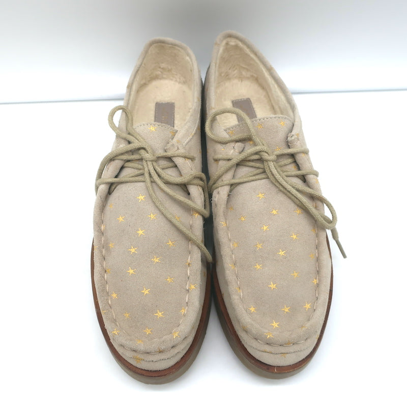 THE GREAT Scout Lace-Up Shoes Taupe Star Print Shearling-Lined Suede Size 8