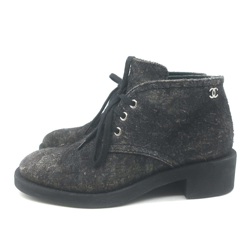 Chanel 16A CC Lace-Up Chukka Boots Dark Grey Textured Suede Size 38 US 7
