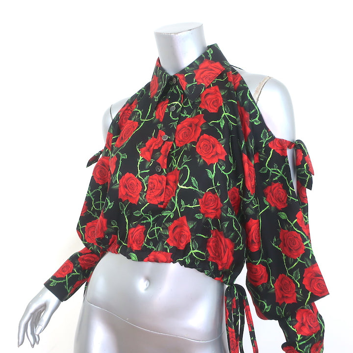 Alexander Wang Cold Shoulder Shirt Rose Print Silk Size Small Long Sleeve Top
