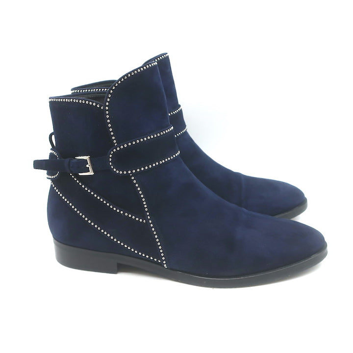 Alaia Studded Buckled Strap Ankle Boots Navy Suede Size 39