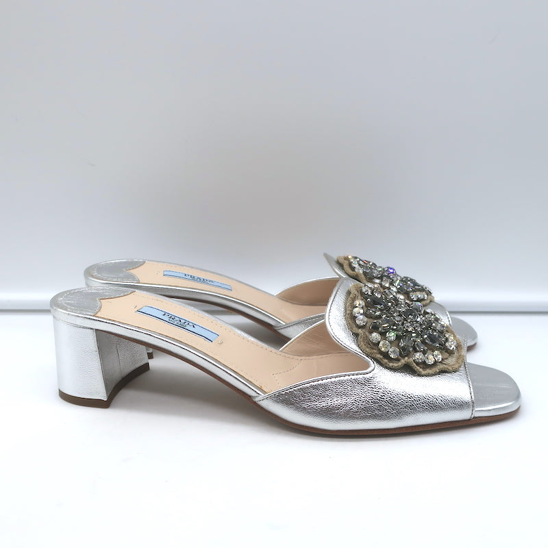 Prada Crystal-Embellished Mule Sandals Silver Metallic Leather Size 38.5 NEW