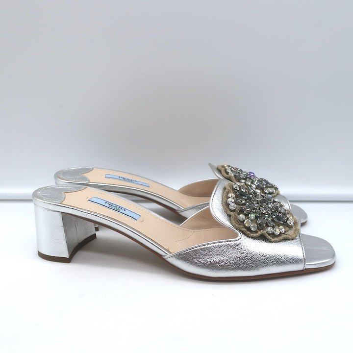 Prada Crystal-Embellished Mule Sandals Silver Metallic Leather Size 38.5 NEW