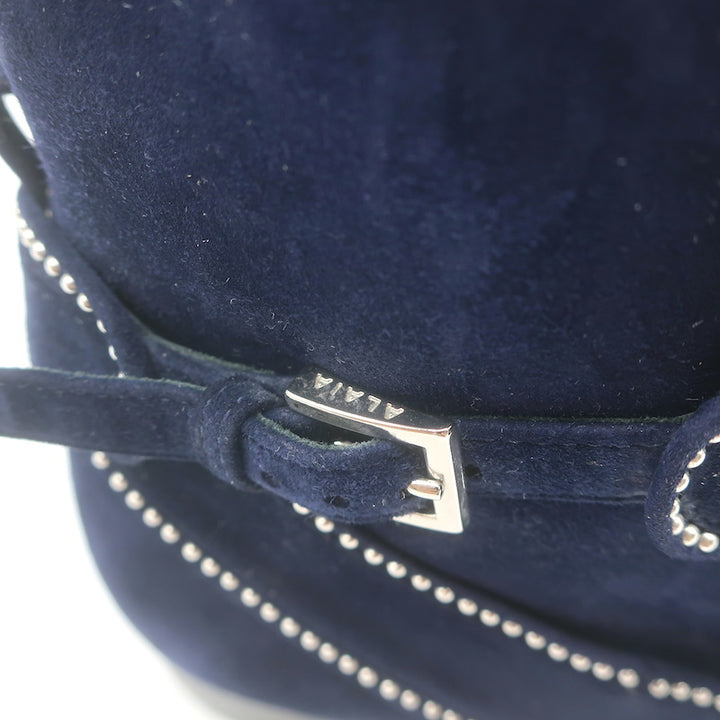 Alaia Studded Buckled Strap Ankle Boots Navy Suede Size 39