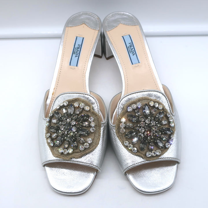 Prada Crystal-Embellished Mule Sandals Silver Metallic Leather Size 38.5 NEW