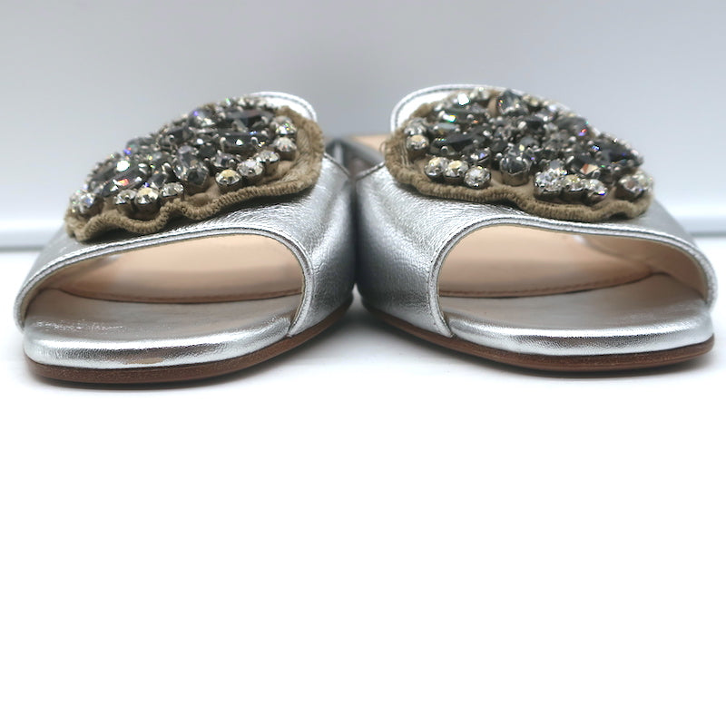 Prada Crystal-Embellished Mule Sandals Silver Metallic Leather Size 38.5 NEW
