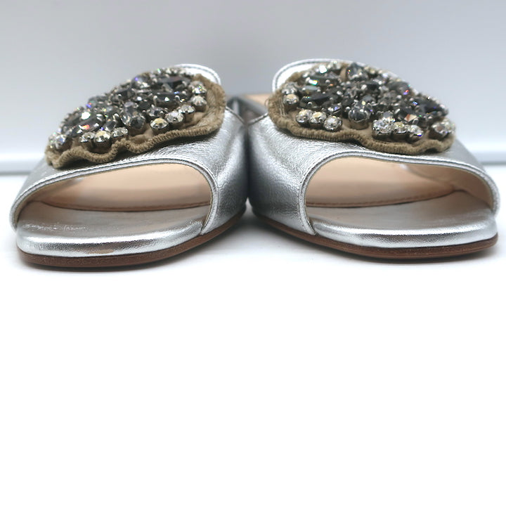 Prada Crystal-Embellished Mule Sandals Silver Metallic Leather Size 38.5 NEW