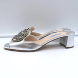 Prada Crystal-Embellished Mule Sandals Silver Metallic Leather Size 38.5 NEW