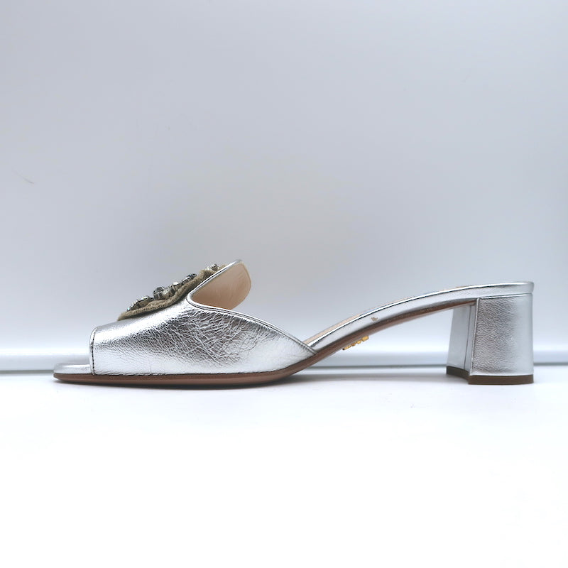Prada Crystal-Embellished Mule Sandals Silver Metallic Leather Size 38.5 NEW