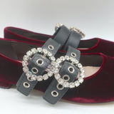 Miu Miu Crystal Buckle Mary Jane Flats Bordeaux Velvet Size 38