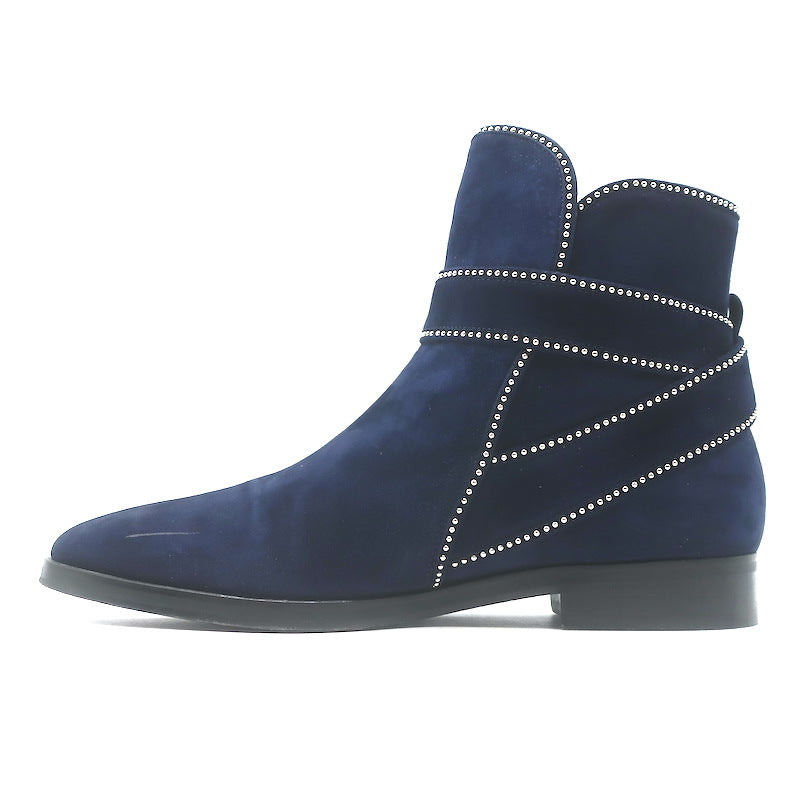 Alaia Studded Buckled Strap Ankle Boots Navy Suede Size 39