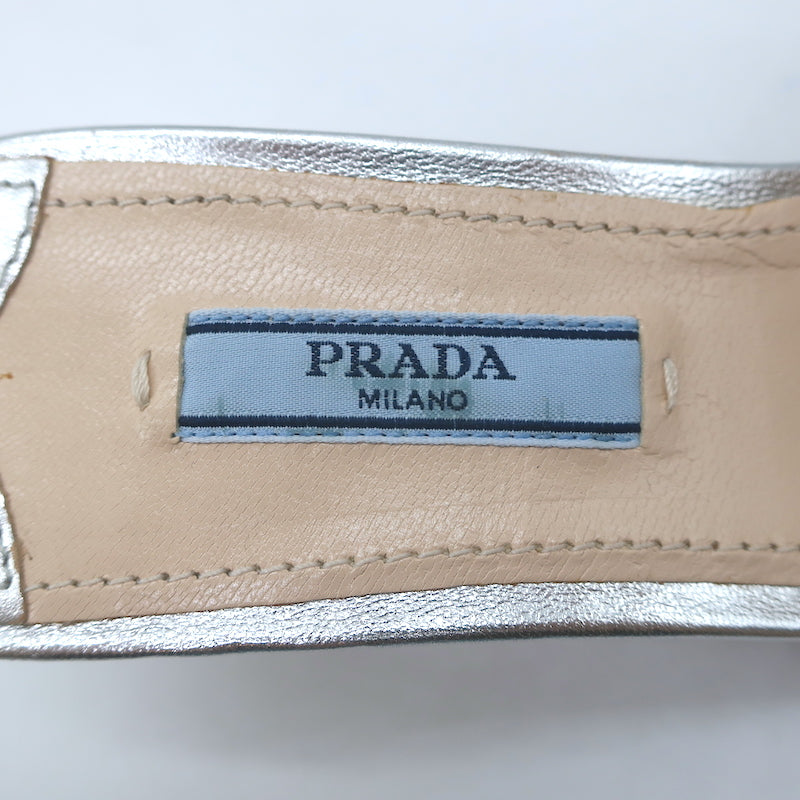 Prada Crystal-Embellished Mule Sandals Silver Metallic Leather Size 38.5 NEW