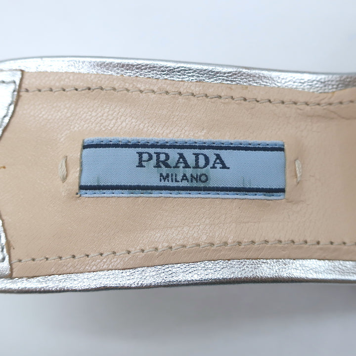 Prada Crystal-Embellished Mule Sandals Silver Metallic Leather Size 38.5 NEW