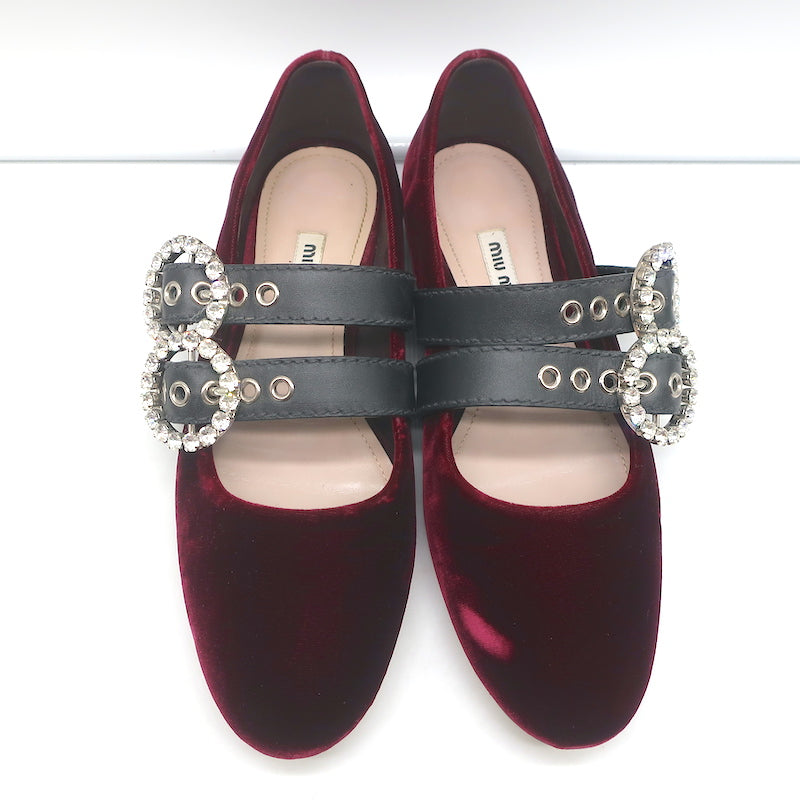 Miu Miu Crystal Buckle Mary Jane Flats Bordeaux Velvet Size 38