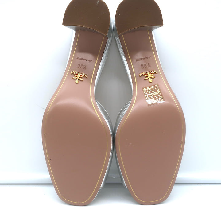 Prada Crystal-Embellished Mule Sandals Silver Metallic Leather Size 38.5 NEW