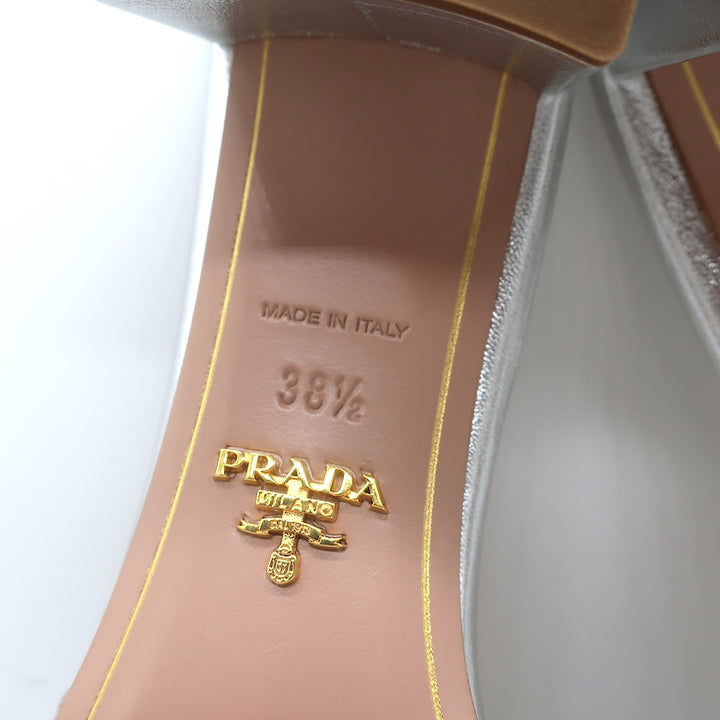 Prada Crystal-Embellished Mule Sandals Silver Metallic Leather Size 38.5 NEW