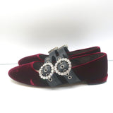 Miu Miu Crystal Buckle Mary Jane Flats Bordeaux Velvet Size 38