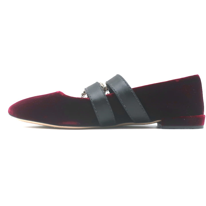 Miu Miu Crystal Buckle Mary Jane Flats Bordeaux Velvet Size 38