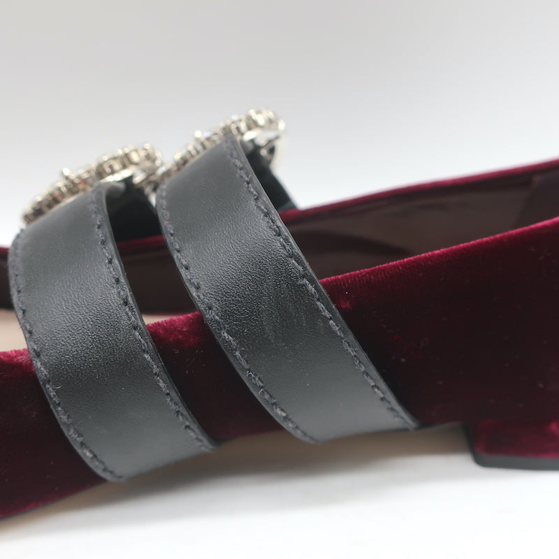 Miu Miu Crystal Buckle Mary Jane Flats Bordeaux Velvet Size 38
