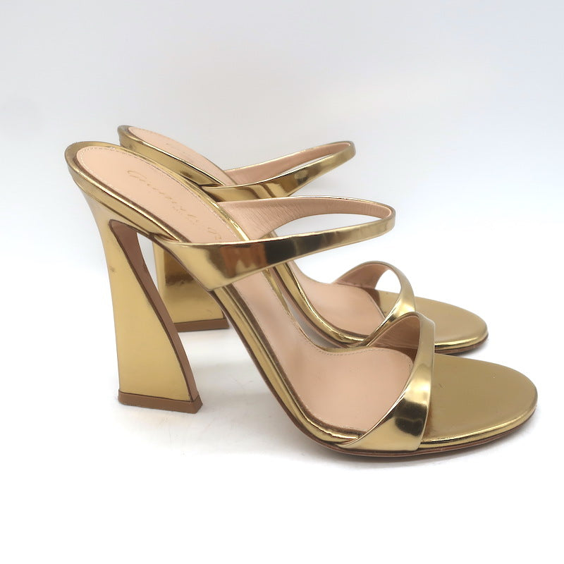 Gianvito Rossi Aura Two-Strap Mules Gold Mirrored Leather Size 36 Open Toe Heels
