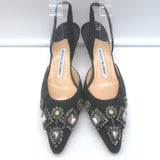 Manolo Blahnik Carolyne 50 Jeweled Slingback Pumps Dark Gray Suede Size 38.5 NEW