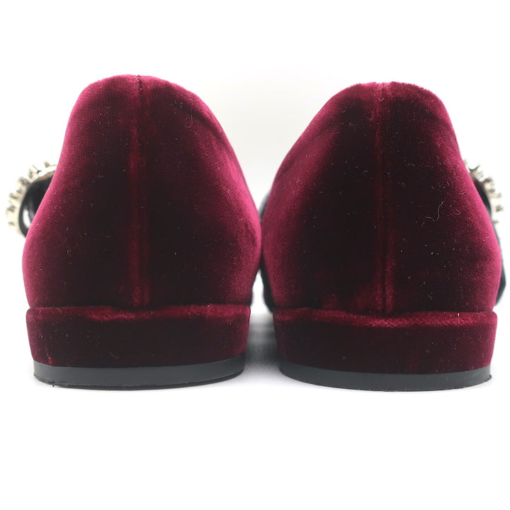 Miu Miu Crystal Buckle Mary Jane Flats Bordeaux Velvet Size 38