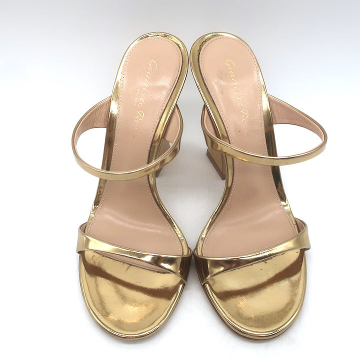 Gianvito Rossi Aura Two-Strap Mules Gold Mirrored Leather Size 36 Open Toe Heels