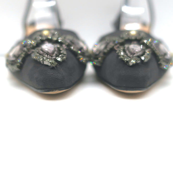 Manolo Blahnik Carolyne 50 Jeweled Slingback Pumps Dark Gray Suede Size 38.5 NEW